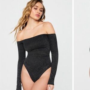 Fabletics Yitty Off-the-Shoulder Long Sleeve Shimmer Bodysuit - Black.